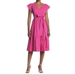 Melloday pink cap sleeve poplin tie waist midi dress